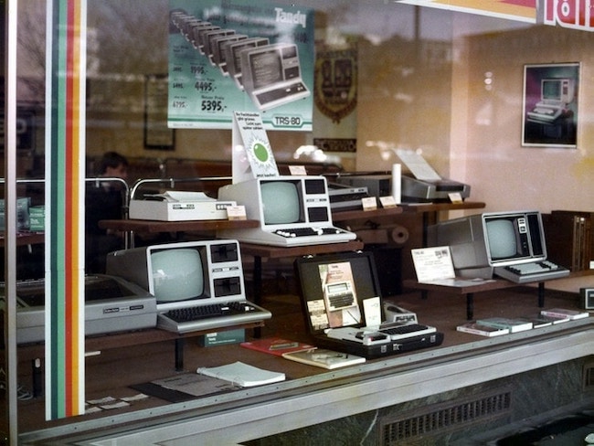 Front window of a computer store in West Germany, 1984