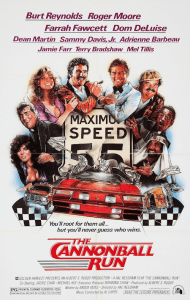 Adrienne Barbeau, Farrah Fawcett, Roger Moore, Burt Reynolds, Dom DeLuise, Dean Martin, and Sammy Davis Jr. in The Cannonball Run (1981)