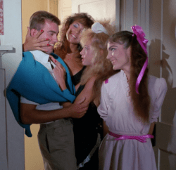 Michelle Bauer, Linnea Quigley, Timothy Kauffman, and Brinke Stevens in Nightmare Sisters (1988)