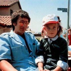 Steven Spielberg with little Drew Barrymore on the set of “E.T.” (1982).